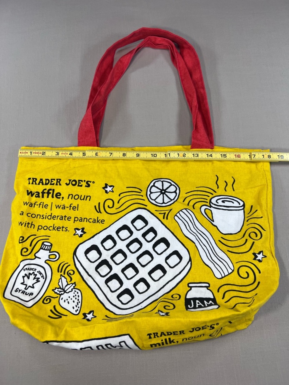 Trader Joe’s Yellow Canvas Tote Bag Red Handles Toast Milk Grocery Shopping Bag - Picture 5 of 8
